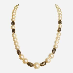 Vintage Carol Dauplaise Faux Pearls Gold Tone Filigree Spacers 1980s Necklace